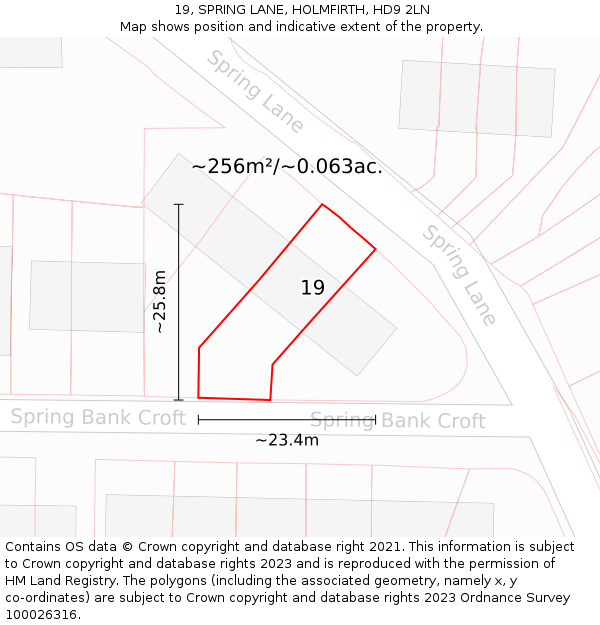 19, SPRING LANE, HOLMFIRTH, HD9 2LN: Plot and title map