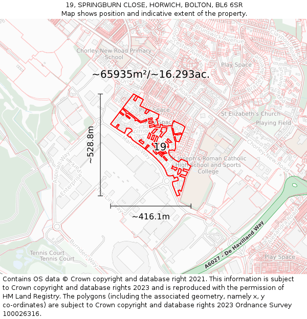 19, SPRINGBURN CLOSE, HORWICH, BOLTON, BL6 6SR: Plot and title map