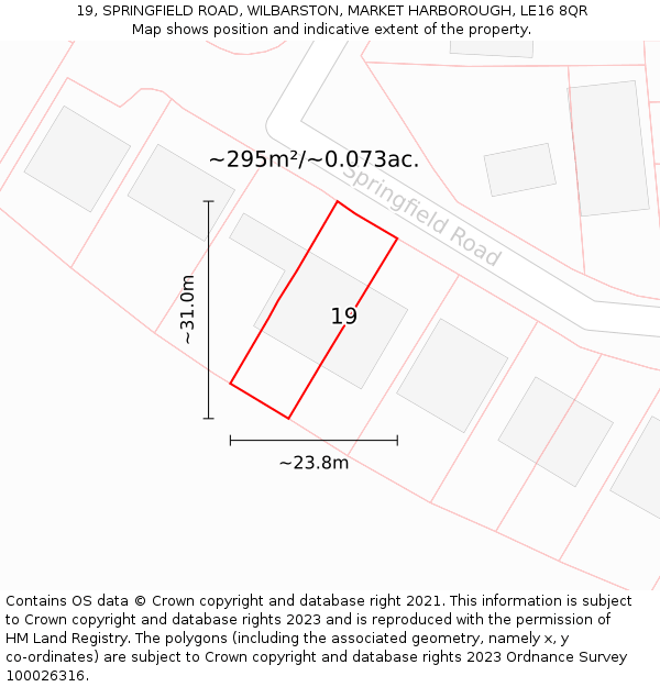 19, SPRINGFIELD ROAD, WILBARSTON, MARKET HARBOROUGH, LE16 8QR: Plot and title map