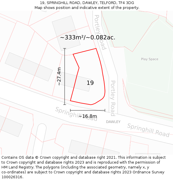 19, SPRINGHILL ROAD, DAWLEY, TELFORD, TF4 3DG: Plot and title map