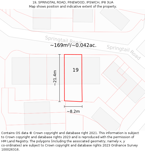 19, SPRINGTAIL ROAD, PINEWOOD, IPSWICH, IP8 3UA: Plot and title map