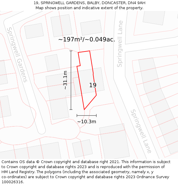 19, SPRINGWELL GARDENS, BALBY, DONCASTER, DN4 9AH: Plot and title map