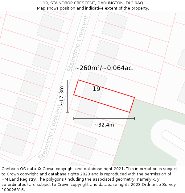 19, STAINDROP CRESCENT, DARLINGTON, DL3 9AQ: Plot and title map