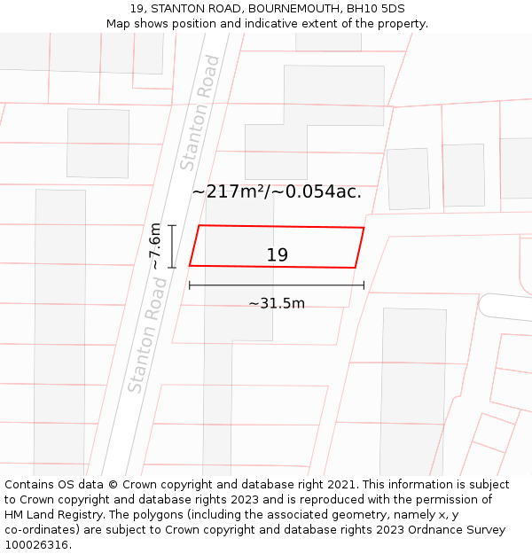 19, STANTON ROAD, BOURNEMOUTH, BH10 5DS: Plot and title map