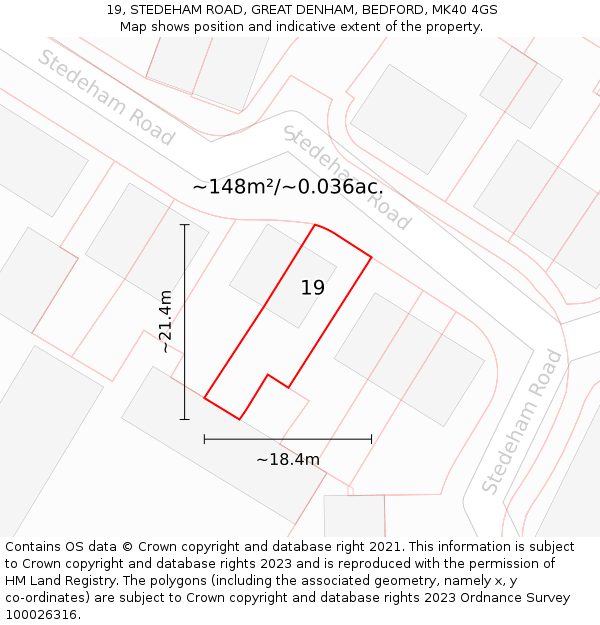 19, STEDEHAM ROAD, GREAT DENHAM, BEDFORD, MK40 4GS: Plot and title map