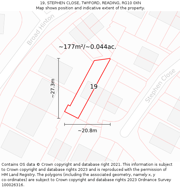 19, STEPHEN CLOSE, TWYFORD, READING, RG10 0XN: Plot and title map