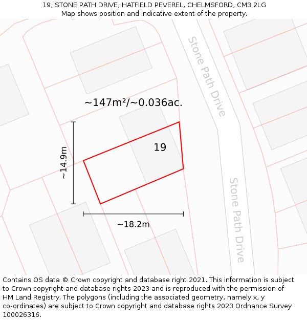 19, STONE PATH DRIVE, HATFIELD PEVEREL, CHELMSFORD, CM3 2LG: Plot and title map