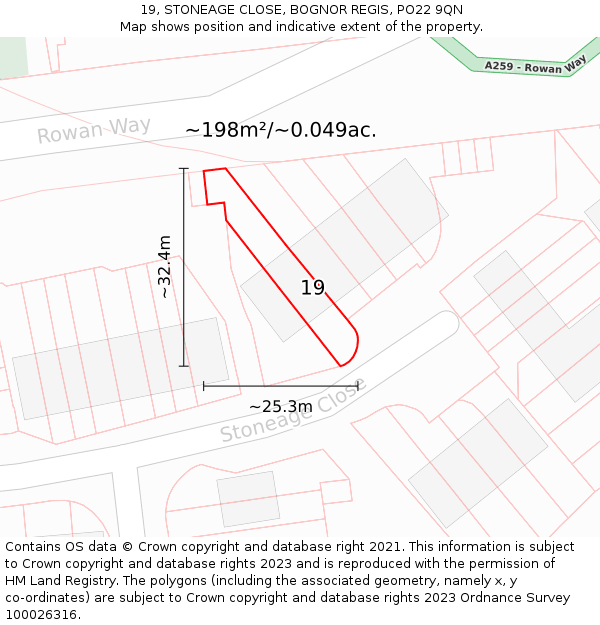 19, STONEAGE CLOSE, BOGNOR REGIS, PO22 9QN: Plot and title map
