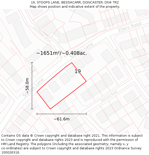 19, STOOPS LANE, BESSACARR, DONCASTER, DN4 7RZ: Plot and title map