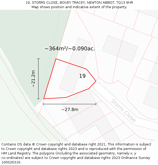 19, STORRS CLOSE, BOVEY TRACEY, NEWTON ABBOT, TQ13 9HR: Plot and title map