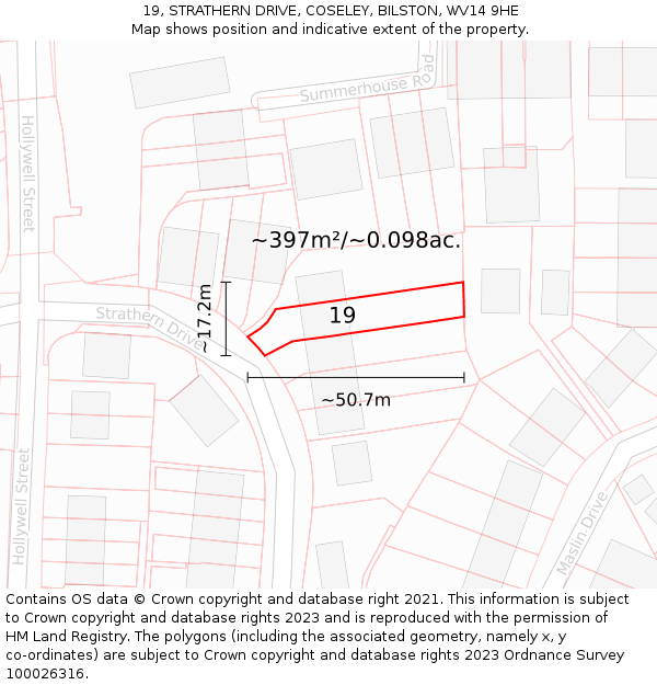 19, STRATHERN DRIVE, COSELEY, BILSTON, WV14 9HE: Plot and title map