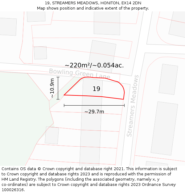 19, STREAMERS MEADOWS, HONITON, EX14 2DN: Plot and title map