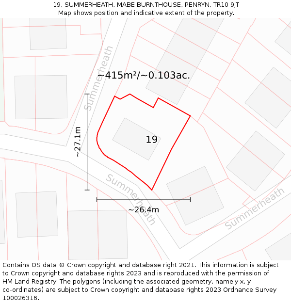 19, SUMMERHEATH, MABE BURNTHOUSE, PENRYN, TR10 9JT: Plot and title map