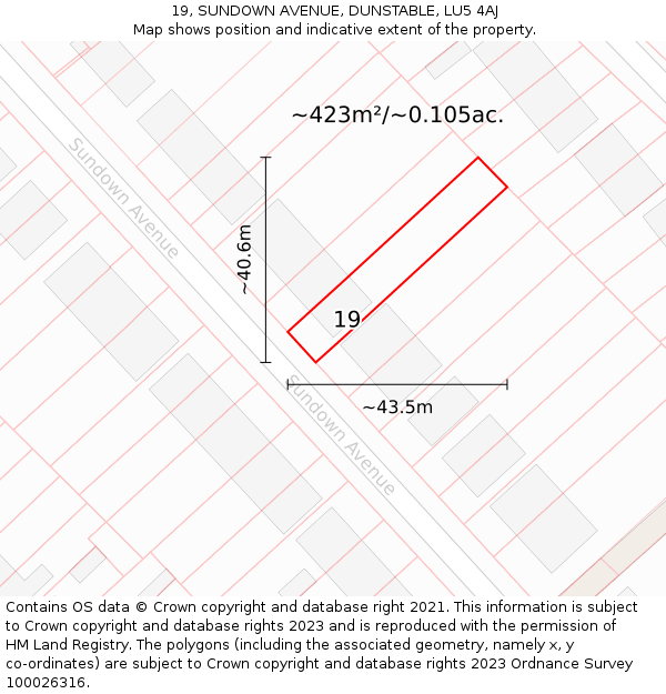19, SUNDOWN AVENUE, DUNSTABLE, LU5 4AJ: Plot and title map