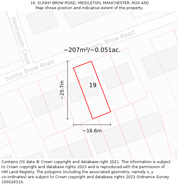 19, SUNNY BROW ROAD, MIDDLETON, MANCHESTER, M24 4AD: Plot and title map