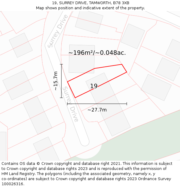 19, SURREY DRIVE, TAMWORTH, B78 3XB: Plot and title map