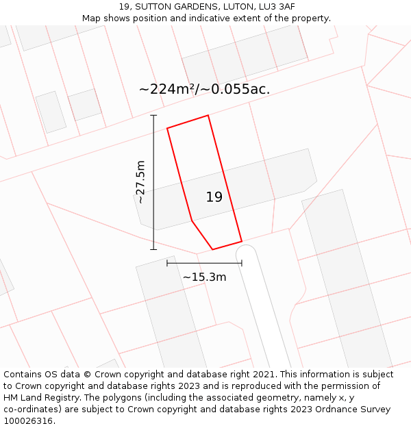 19, SUTTON GARDENS, LUTON, LU3 3AF: Plot and title map