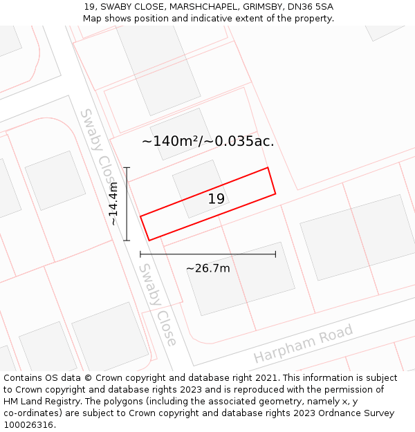19, SWABY CLOSE, MARSHCHAPEL, GRIMSBY, DN36 5SA: Plot and title map