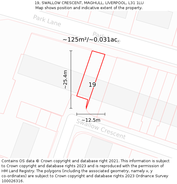 19, SWALLOW CRESCENT, MAGHULL, LIVERPOOL, L31 1LU: Plot and title map