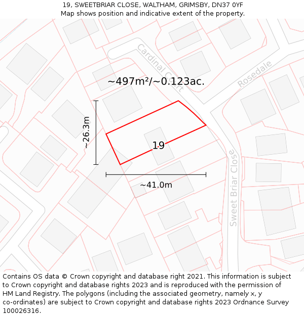 19, SWEETBRIAR CLOSE, WALTHAM, GRIMSBY, DN37 0YF: Plot and title map