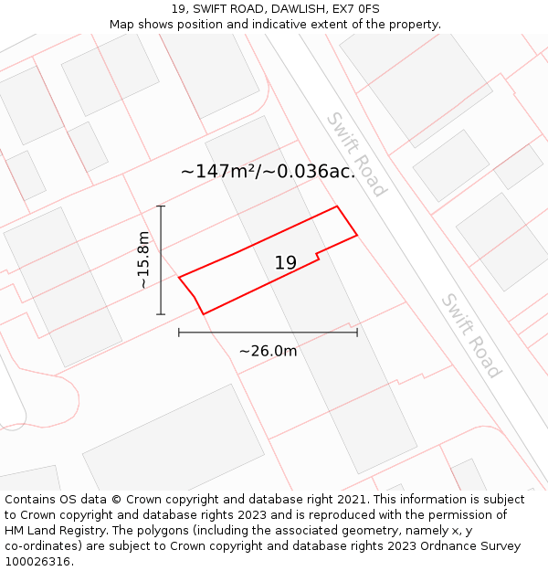 19, SWIFT ROAD, DAWLISH, EX7 0FS: Plot and title map