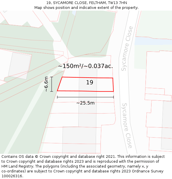 19, SYCAMORE CLOSE, FELTHAM, TW13 7HN: Plot and title map
