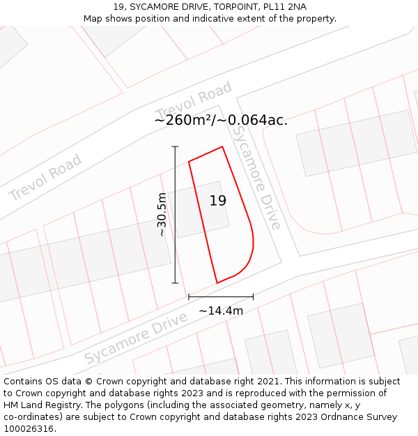 19, SYCAMORE DRIVE, TORPOINT, PL11 2NA: Plot and title map