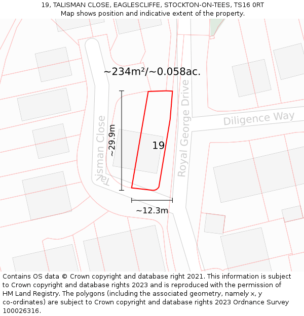 19, TALISMAN CLOSE, EAGLESCLIFFE, STOCKTON-ON-TEES, TS16 0RT: Plot and title map