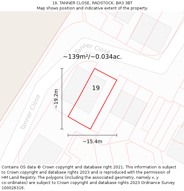 19, TANNER CLOSE, RADSTOCK, BA3 3BT: Plot and title map
