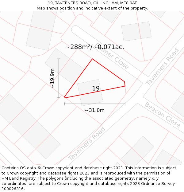 19, TAVERNERS ROAD, GILLINGHAM, ME8 9AT: Plot and title map