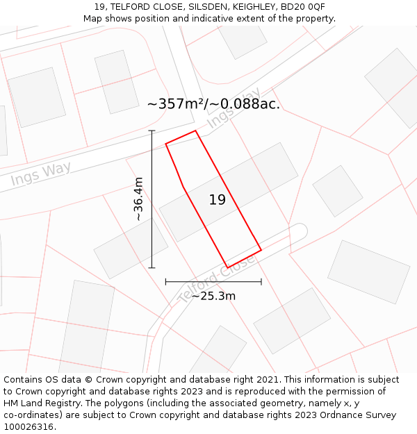 19, TELFORD CLOSE, SILSDEN, KEIGHLEY, BD20 0QF: Plot and title map