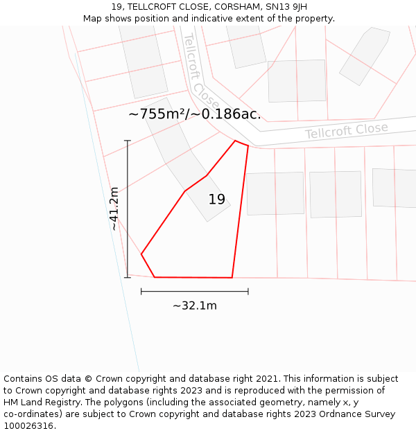 19, TELLCROFT CLOSE, CORSHAM, SN13 9JH: Plot and title map