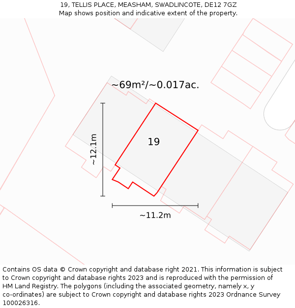 19, TELLIS PLACE, MEASHAM, SWADLINCOTE, DE12 7GZ: Plot and title map