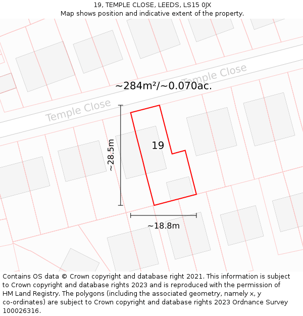 19, TEMPLE CLOSE, LEEDS, LS15 0JX: Plot and title map