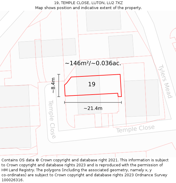 19, TEMPLE CLOSE, LUTON, LU2 7XZ: Plot and title map