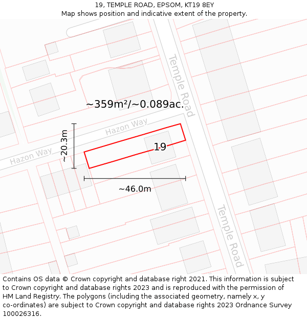 19, TEMPLE ROAD, EPSOM, KT19 8EY: Plot and title map