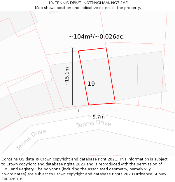 19, TENNIS DRIVE, NOTTINGHAM, NG7 1AE: Plot and title map
