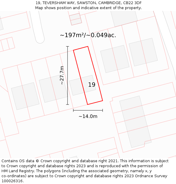 19, TEVERSHAM WAY, SAWSTON, CAMBRIDGE, CB22 3DF: Plot and title map