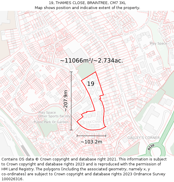 19, THAMES CLOSE, BRAINTREE, CM7 3XL: Plot and title map