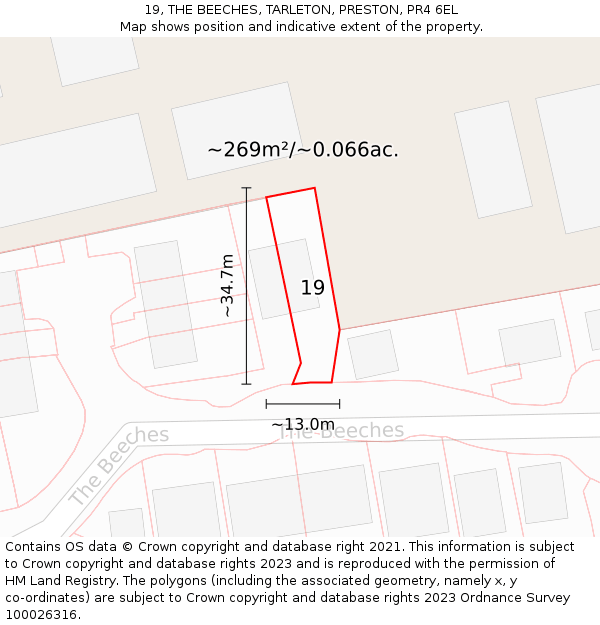 19, THE BEECHES, TARLETON, PRESTON, PR4 6EL: Plot and title map