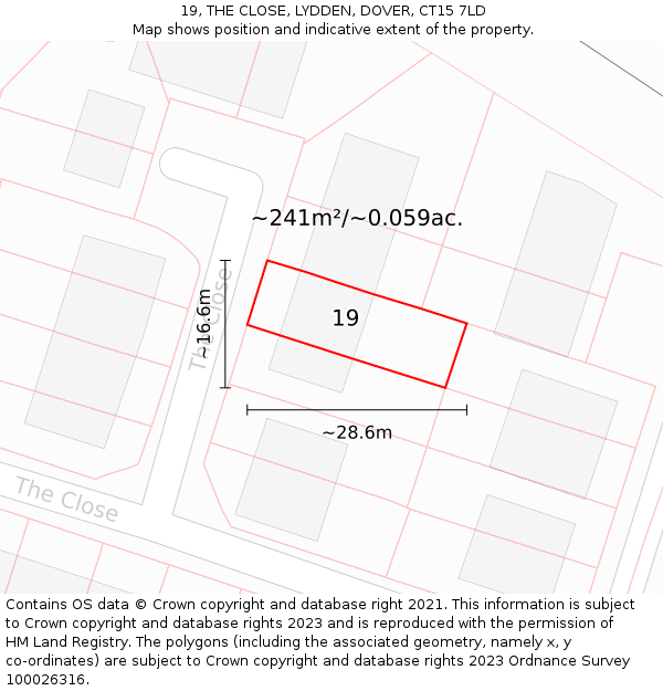 19, THE CLOSE, LYDDEN, DOVER, CT15 7LD: Plot and title map