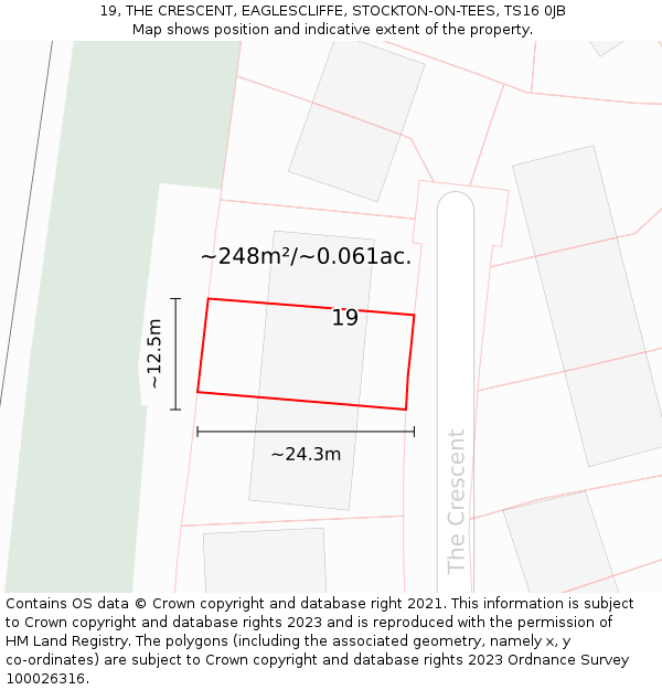 19, THE CRESCENT, EAGLESCLIFFE, STOCKTON-ON-TEES, TS16 0JB: Plot and title map