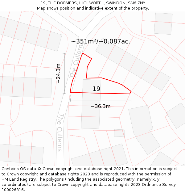 19, THE DORMERS, HIGHWORTH, SWINDON, SN6 7NY: Plot and title map