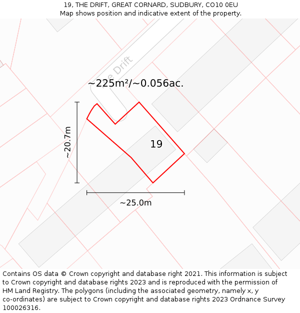 19, THE DRIFT, GREAT CORNARD, SUDBURY, CO10 0EU: Plot and title map