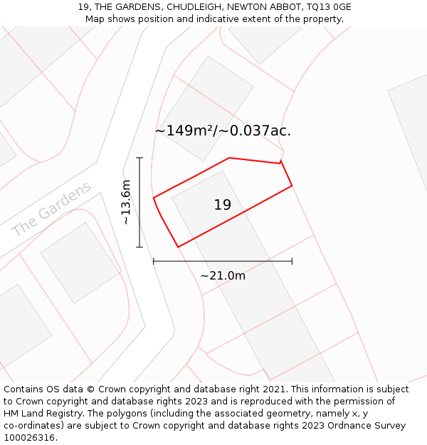 19, THE GARDENS, CHUDLEIGH, NEWTON ABBOT, TQ13 0GE: Plot and title map