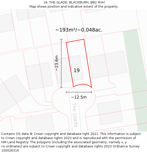 19, THE GLADE, BLACKBURN, BB2 4HH: Plot and title map