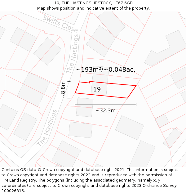 19, THE HASTINGS, IBSTOCK, LE67 6GB: Plot and title map