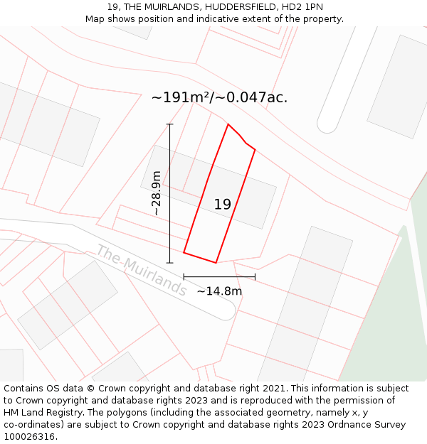 19, THE MUIRLANDS, HUDDERSFIELD, HD2 1PN: Plot and title map
