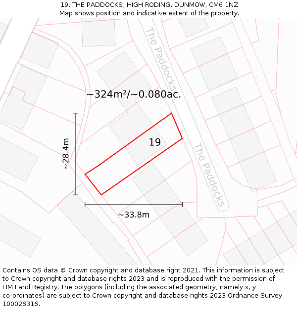 19, THE PADDOCKS, HIGH RODING, DUNMOW, CM6 1NZ: Plot and title map