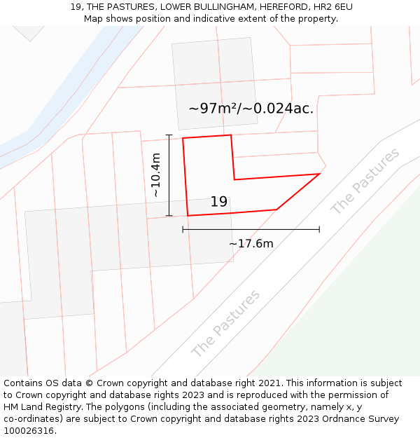 19, THE PASTURES, LOWER BULLINGHAM, HEREFORD, HR2 6EU: Plot and title map